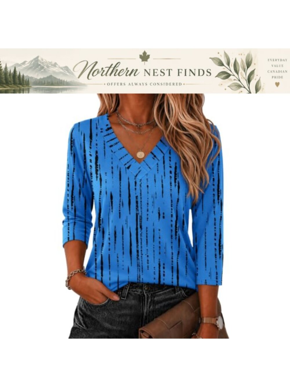 Womens 3/4 Sleeve V-Neck Blouse Floral Loose Fit Casual Top
